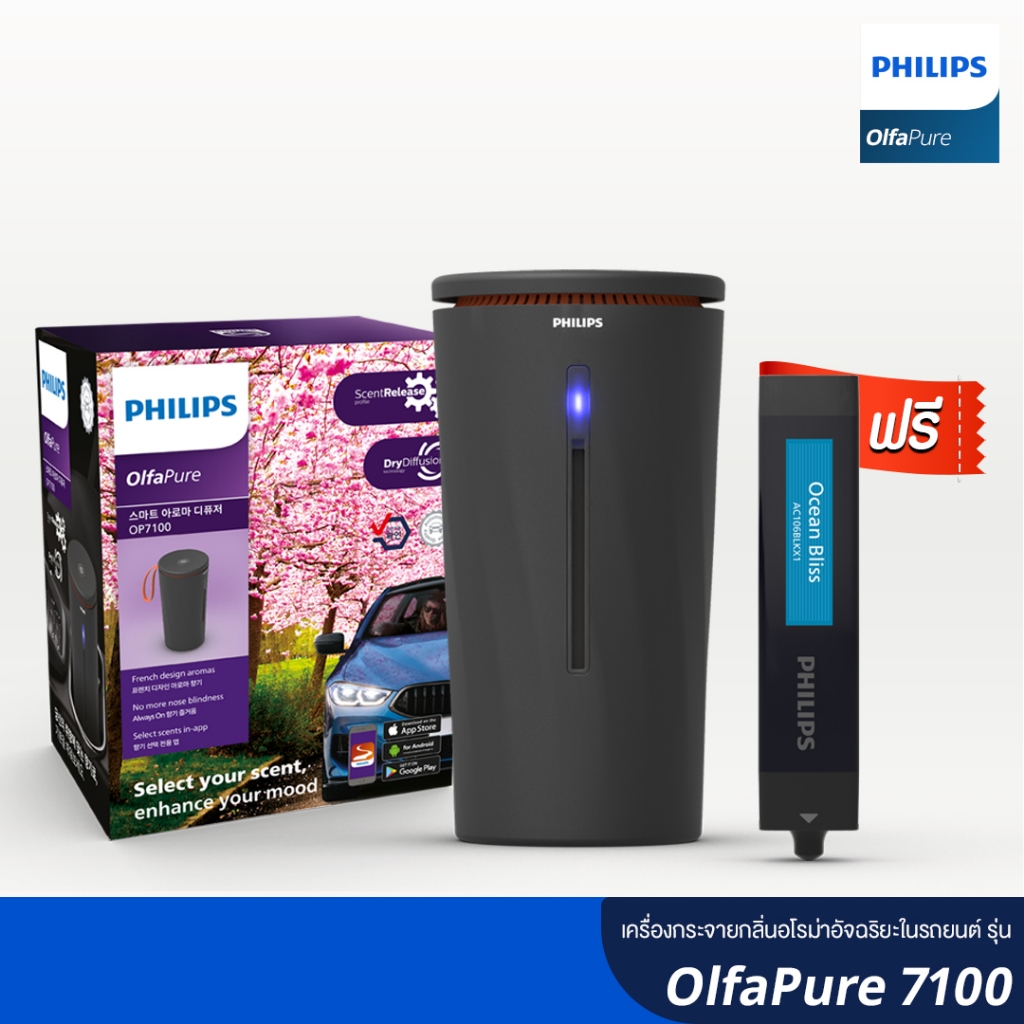 Philips ฟิลลิปส์ เครื่องกระจายกลิ่นอโรม่าอัจฉริยะในรถยนต์ รุ่น OlfaPure 7100 สีดำ