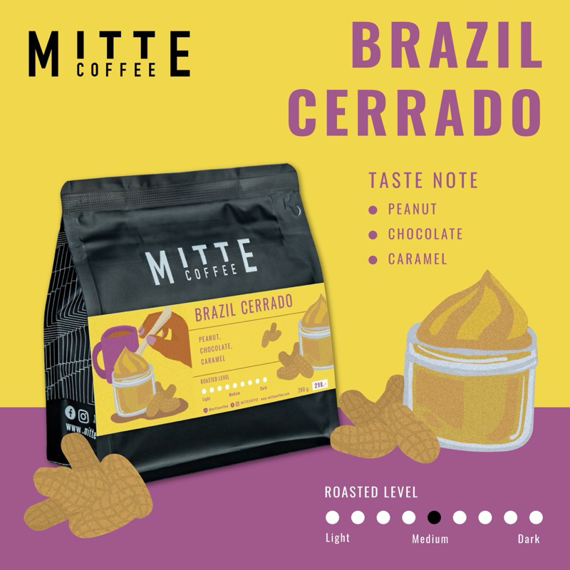 Mitte coffee เมล็ดกาแฟคั่วกลาง Brazil Cerrado ขนาด 200 กรัม