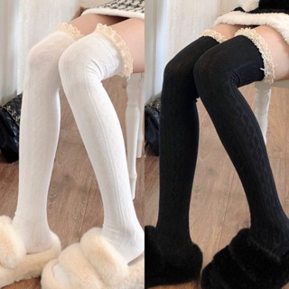 ถุงเท้ายาวเหนือเข่าของผู้หญิงญี่ปุ่น การออกแบบลูกไม้ ผ้าฝ้าย…