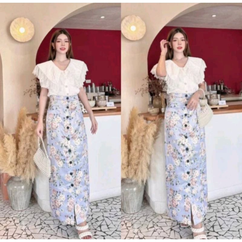 🌷ชุดไทยประยุกต์ 2ชิ้นผ้าคุณภาพดีงานแบรนด์ clt.เสื้อคอปก พร้อมกระโปรงBrand CLT💢มือ1💥💥💢