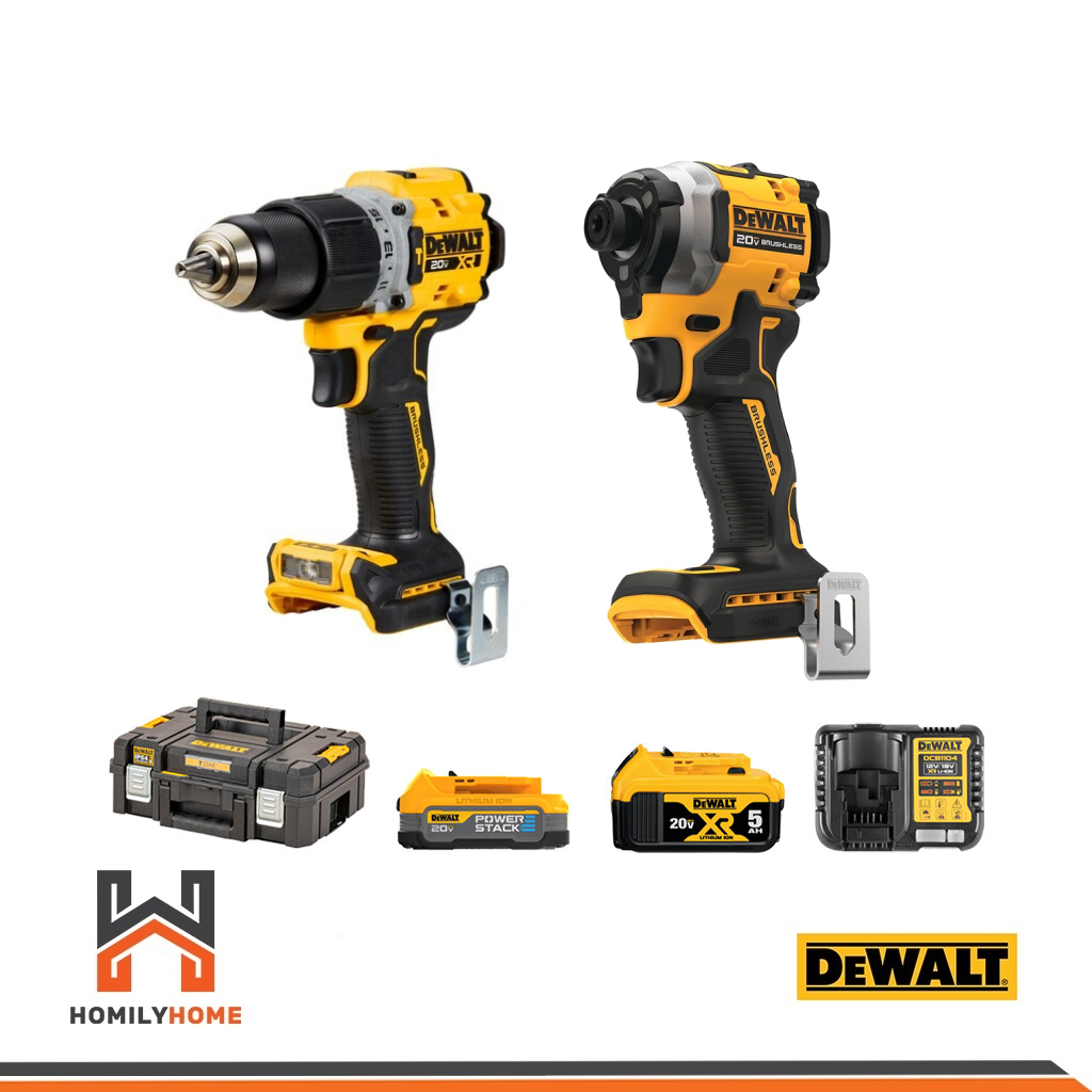 ส่งฟรี!! DEWALT ชุดสว่านไร้สาย 20V รุ่น DCK2050P1E1T (DCD805 + DCF850) แท่นชาร์จ แบต 1.7Ah 5.0Ah
