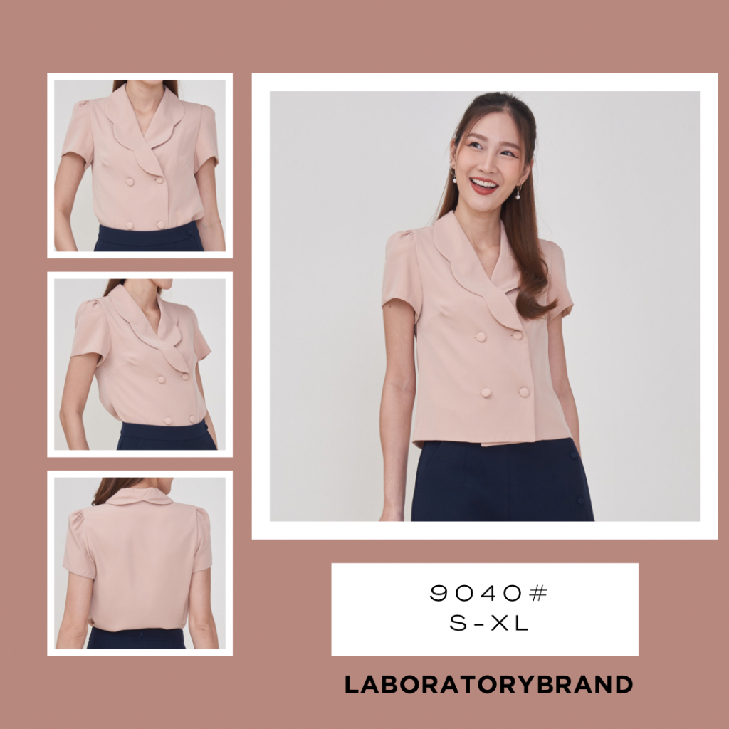 *Laboratory* เสื้อ 9040# เสื้อคอบัว กระดุมใต้อกแขนสั้น ทรงเข้ารูป