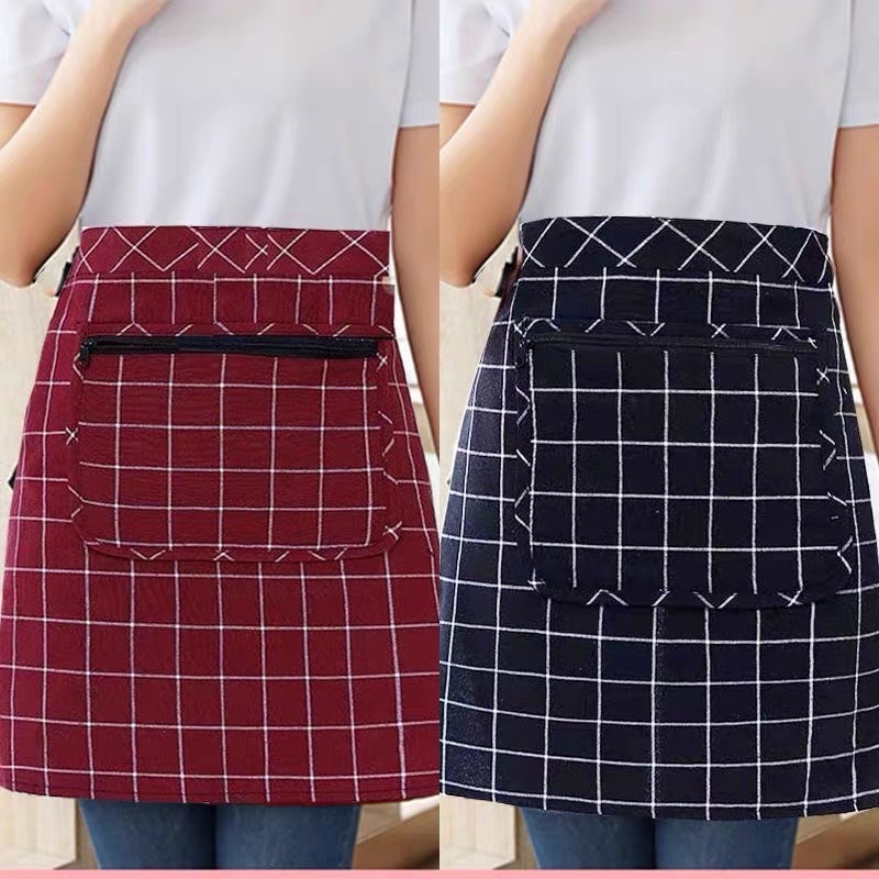 ผ้ากันเปื้อนเเบบสั้น มีกระเป๋าหน้าพร้อมซิป ผ้าcotton