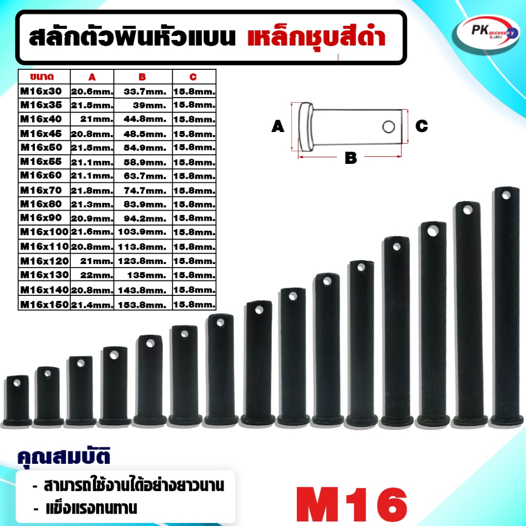 สลักพินหัวแบนสีดำเหล็กแข็ง (Steel Clevis Pin) ขนาด M16 ราคาต่อชิ้น