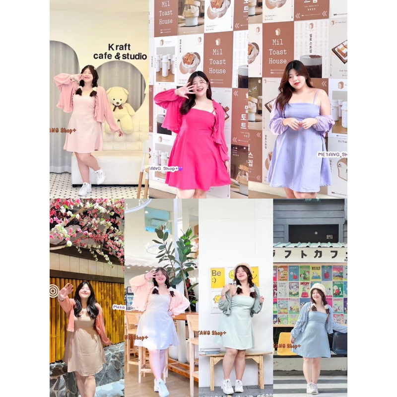 เดรส+เสื้อคลุมแขนยาว สายหวาน น่ารักมาก เดรสผ้าด้อปบี้มีสม๊อคหลัง มีเชือกผูกเอวปรับเข้ารูป เสื้อคลุมผ้าร่องดีเทลมีระบาย