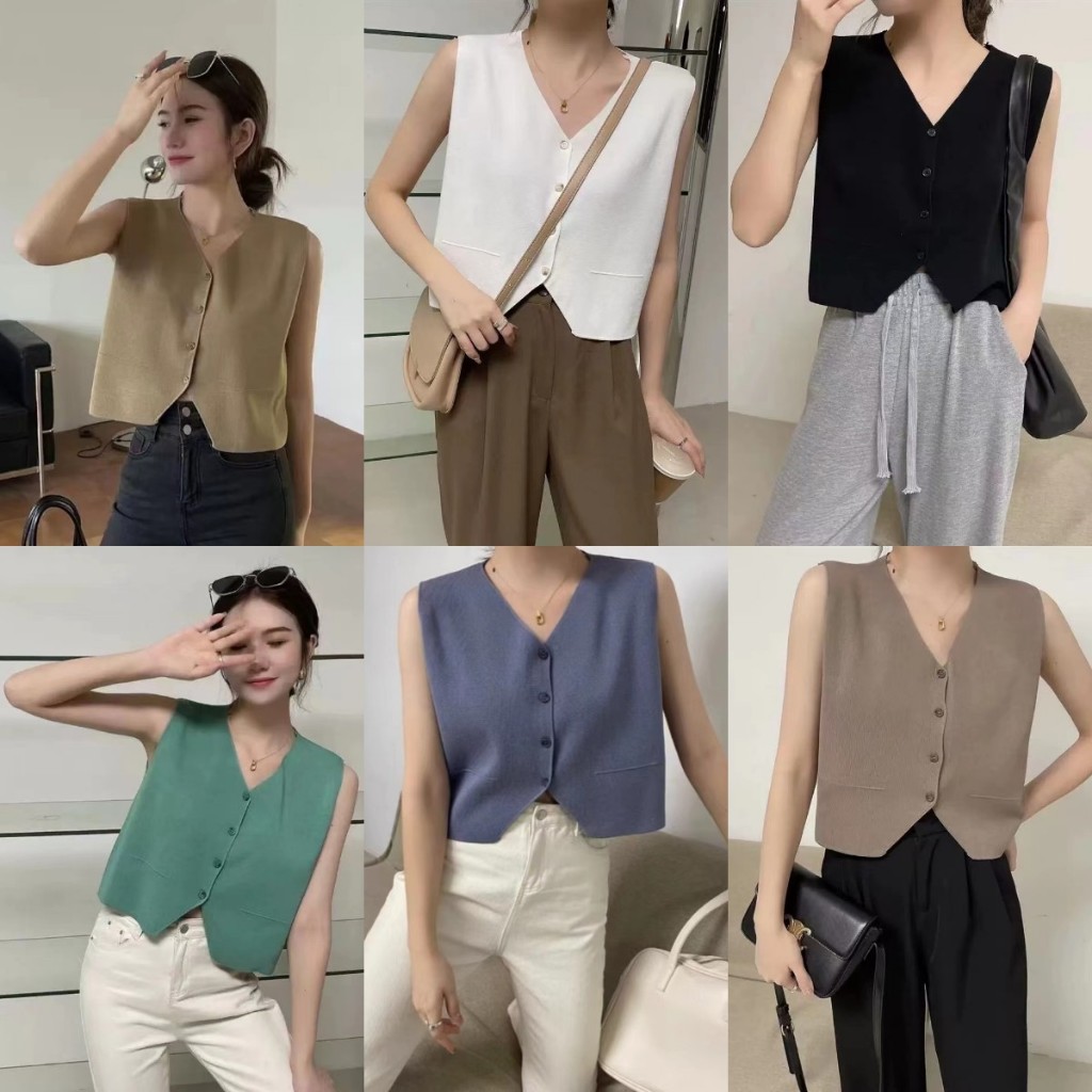 เสื้อแขนกุดไหมพรม เสื้อเบลเซอร์แขนกุดคอวี ใส่ซับนอกได้ แซ่บๆ เรียบๆ ผ้านิ่มใส่สบายมาก #2112