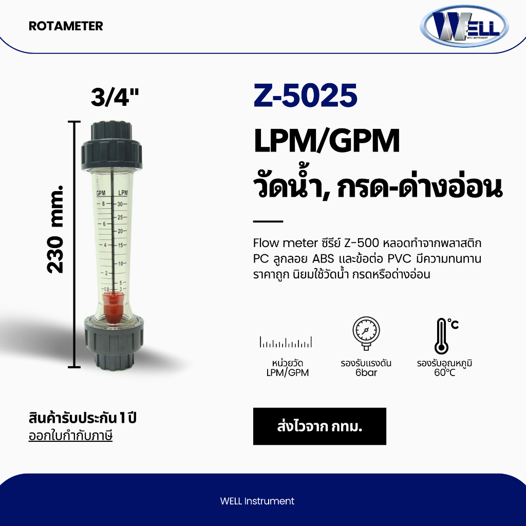 Z-5025 Flow meter Rotameter 3/4 นิ้ว วัดน้ำ ของเหลว ทนกัดกร่อน หน่วย LPM ประกัน 1 ปี ส่งจาก กทม. ยี่
