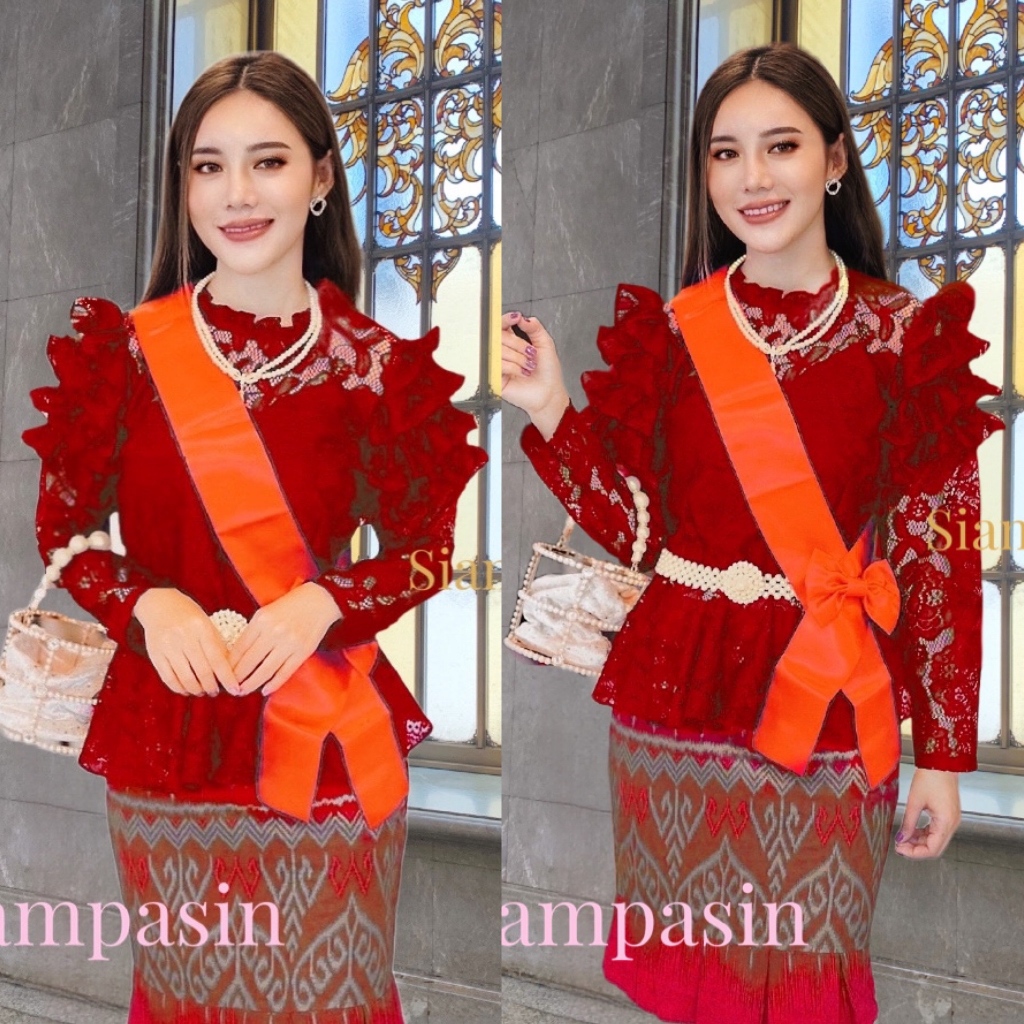 Siampasin เสื้อลูกไม้ ประยุกต์ ร.5 ลูกไม้ไม่คัน อก 32-36, 34-38, 38-40, 40-42, 42-46 นิ้ว สีแดง แขนยาว รุ่น ร5 Blouse