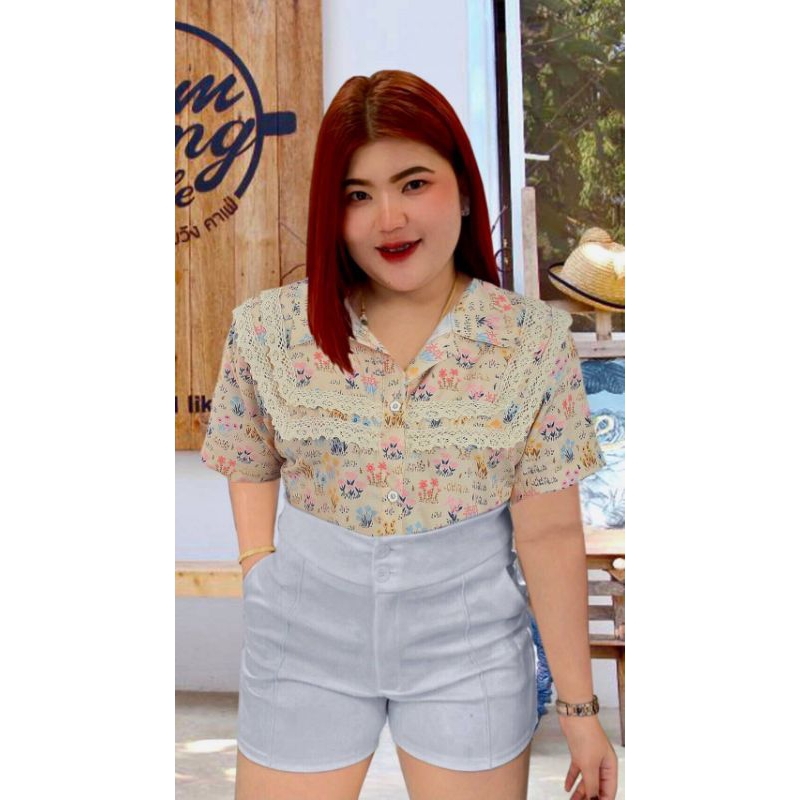 RN203.เสื้อเชิ๊ตสาวอวบลายดอกหญ้าแต่งลูกไม้ถักเหลี่ยม2ชั้น หน้าผ้า50งานสวย - รูปที่ 7