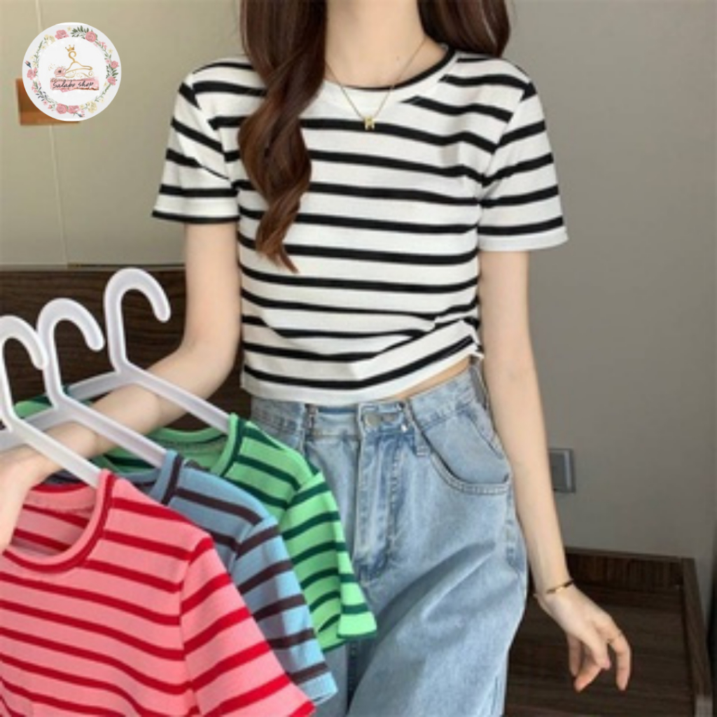 SALABO(พร้อมส่ง)☄เสื้อยืด ไหมพรมแขนสั้น☄ คอกลม ลายทาง ทรงพอดีตัว ฟรีไซส์ สีสวยตัดสลับเข้มอ่อน แฟชั่นล่าสุด ☄#A14