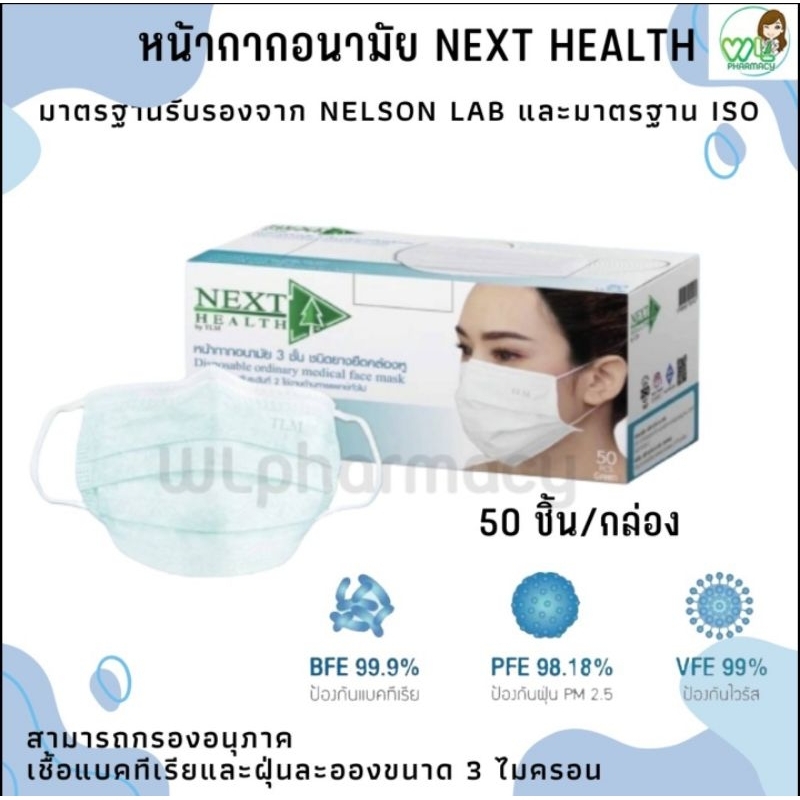 Next Health Mask หน้ากากอนามัย 3 ชั้น เกรดการแพทย์ (50 ชิ้น/กล่อง)