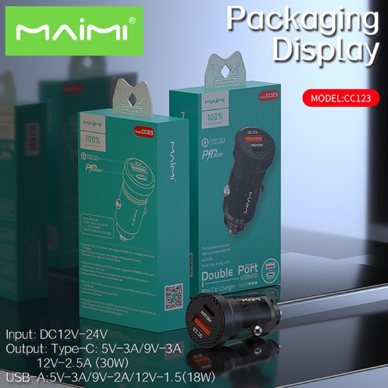 MAIMI CC123 QC3.0 Car Charger Protocol 30W หัวชาร์จรถ PD30 วัตต์ + USB Qucik charge 3.0