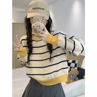 💕Miki-Shop*พร้อมส่ง*เสื้อแขนยาวไหมพรม ทรงหลวมตัดสีแมทได้ทุกสไตล์ผู้หญิง2693*