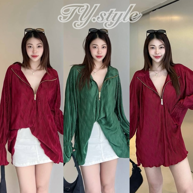 เสื้อ/มินิเดรส ปลายแขนตุ๊กตา คอวี คอปก แต่งซิปทอง #SHN04