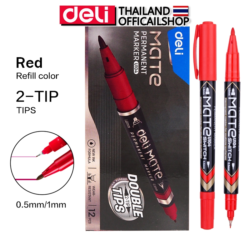 ปากกามาร์คเกอร์ 2 หัว Deli มาร์กเกอร์ หมึกแแดง เมจิกหมึกสีแดง เขียนซองพลาสติก เขียนแผ่นซีดี (แพ็คกล่อง 12 แท่ง)