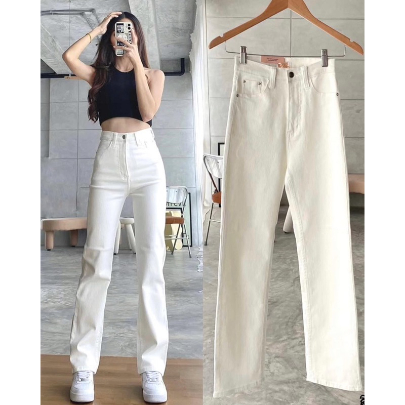 XOXO กางเกงยีนส์ ขายาว ทรงกระบอก เอวสูง สีขาว Size M