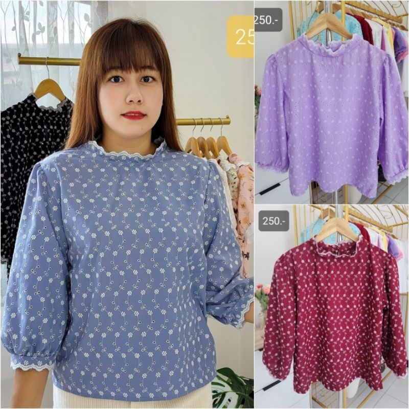 SML สีดำ เสื้อลูกไม้ปักลายผ้าคอสมอสปักลาย