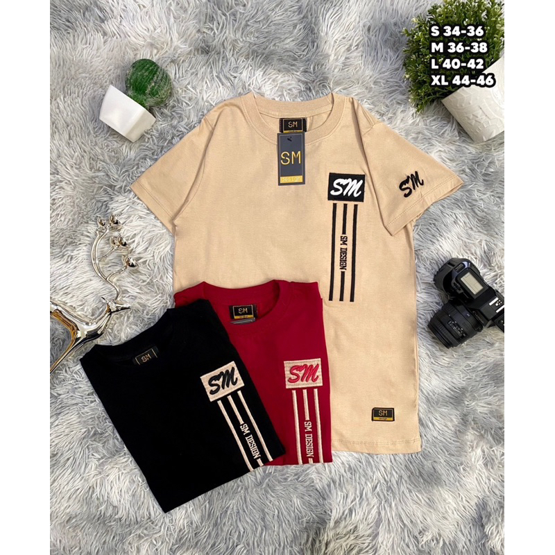 new🔥เสื้อยืด งานปักsmแถบขีด(มีปักแขน)เสื้อยืดแขนสั้นทรงตรงใส่ได้มั้ยช/ญ