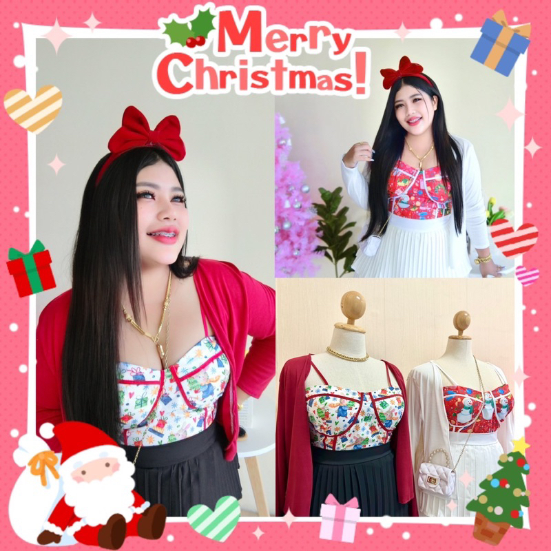 NT470 เสื้อละมุนนีคริสมาสต์สาวอวบ เสื้อสายเดี่ยว+เสื้อคลุมแขนยาว เสริมฟองน้ำสม้อคหลังสายปรับได้