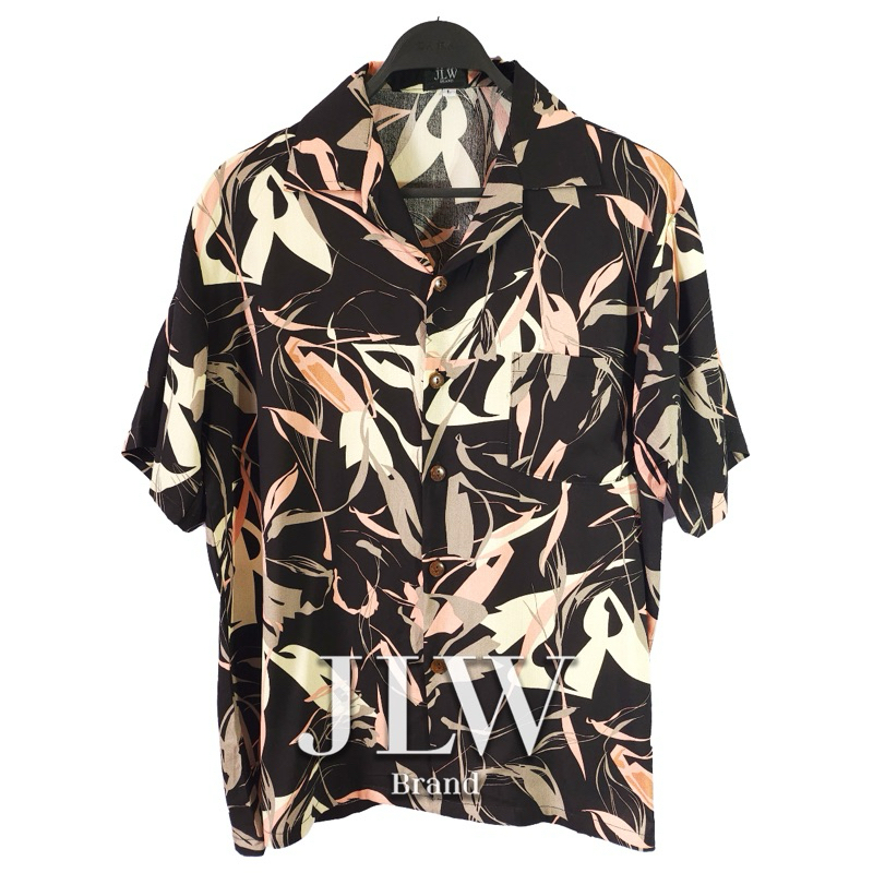 เสื้อฮาวาย ลายดอกดำกราฟฟิค ดำ ผ้านิ่มใส่สบาย JLW BRAND ผ้าเรย่อน