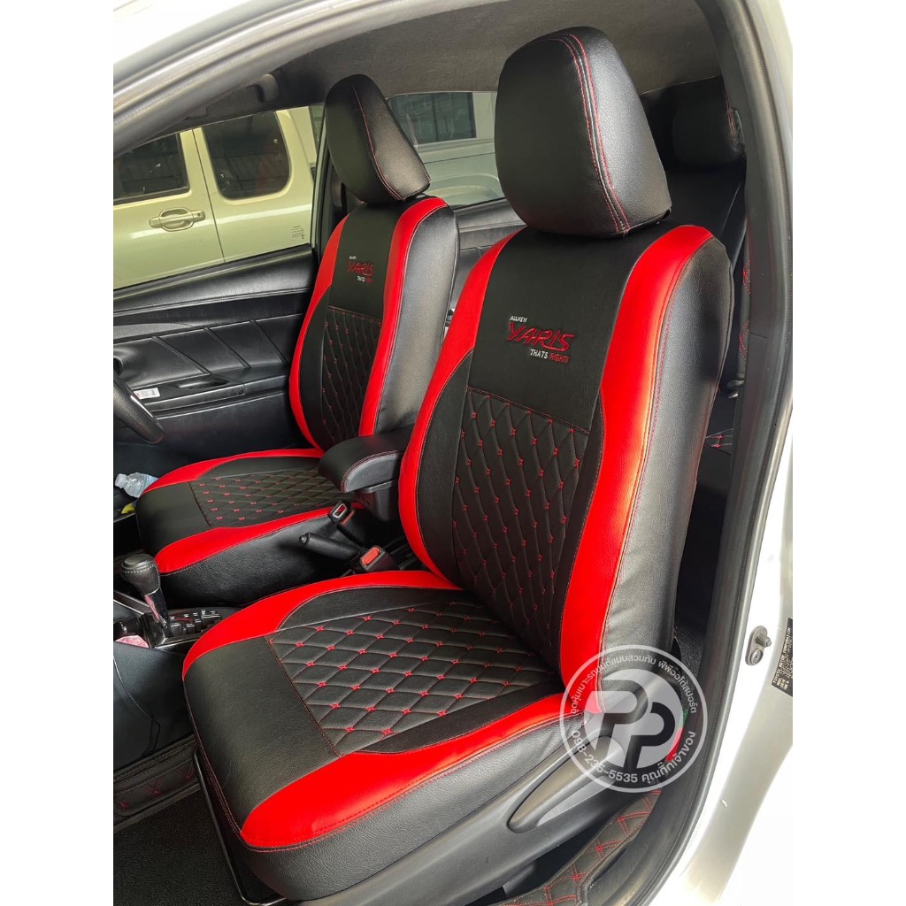 หุ้มเบาะสวมทับตรงรุ่น toyota yaris 2014-2023 ลาย 5 D สีดำด้ายแดงขอบแดง