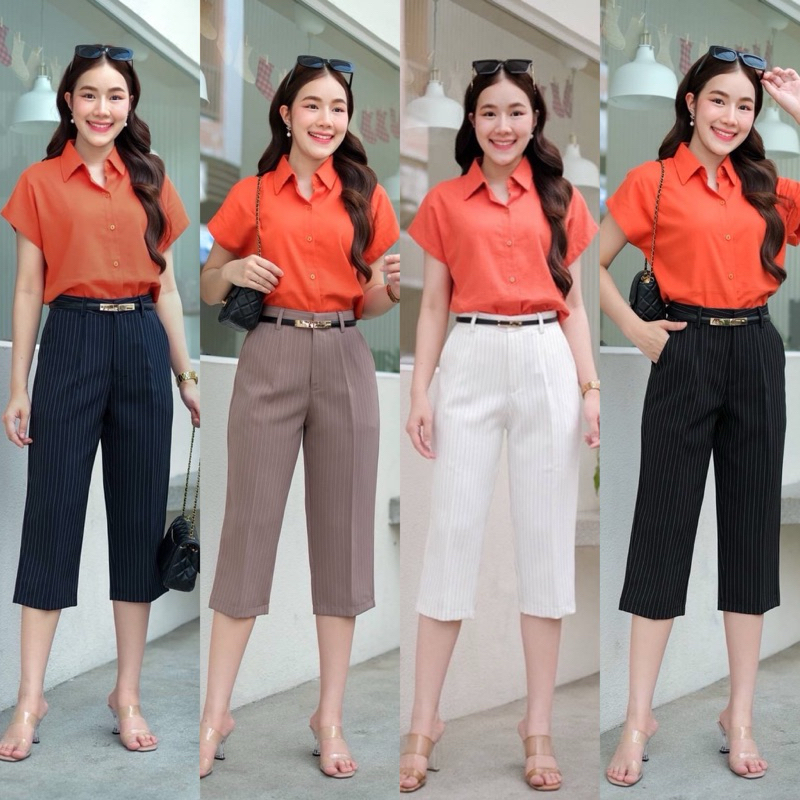 กางเกงทรง5ส่วนเอวสูงตะขอหน้าผ้าเปเป้ลายทางไม่บางเก็บทรงสวยS-3XL