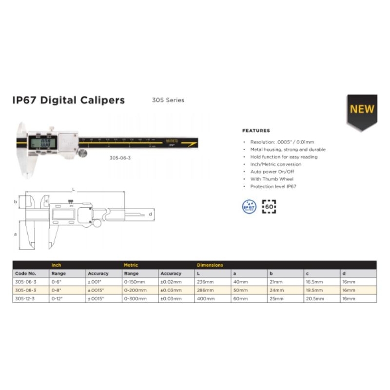 Asimeto เวอร์เนียดิจิตอลกันน้ำ ปุ่มโลหะ (IP67 Waterproof Digital Caliper) 0-150 มม, 0-200 มม, 0-300 