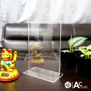 ป้ายอะคริลิคตั้งโต๊ะ A5 แนวตั้ง 15x21.5 cm อะคริลิคใส 2 หน้า ทรง T (A5P2P)