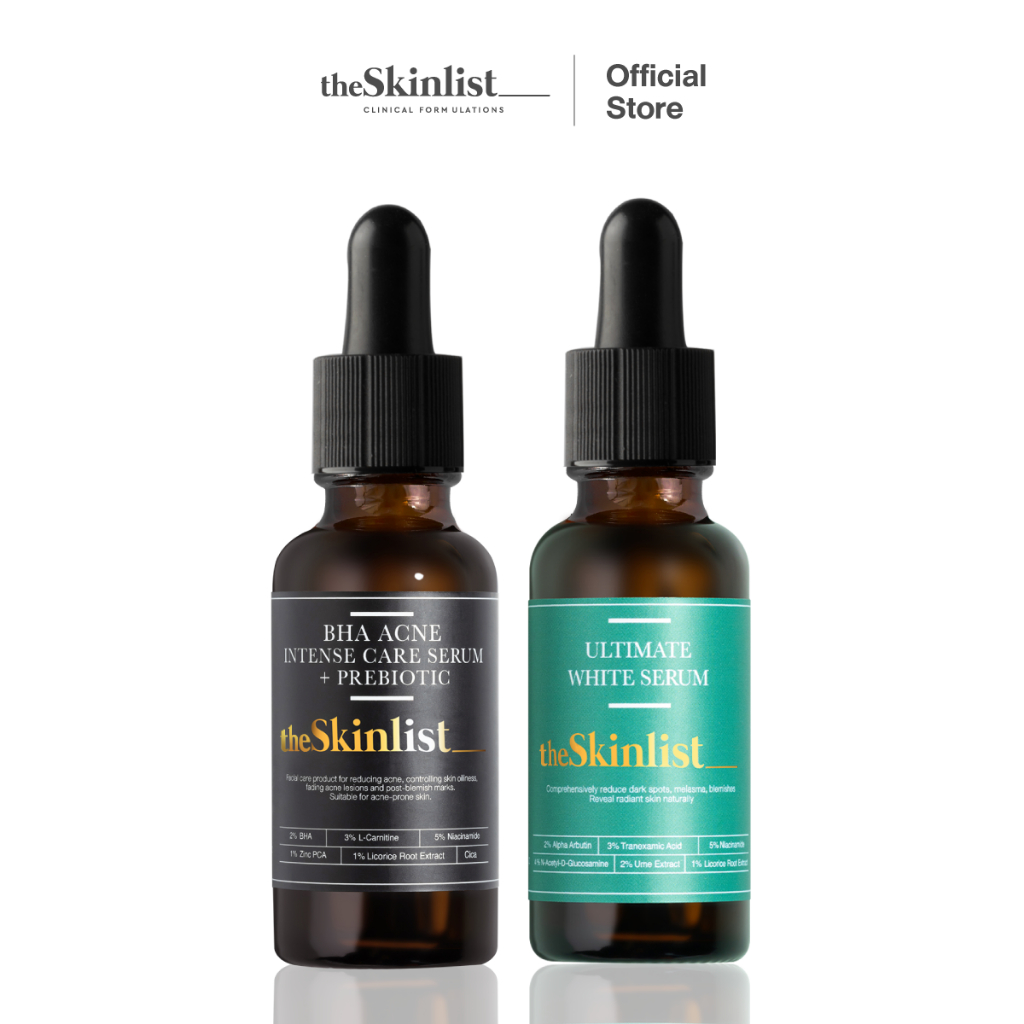 SET สิว รอยสิว จุดด่างดำ The Skinlist Ultimate White Serum + The Skinlist BHA Acne Intense Care Serum Prebiotic 30 g