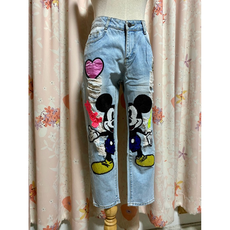 Size L🐭กางเกงยีนส์ปักเลื่อม Minnie & Micky Mouse🐭 ยีนส์ฟอกแท้ ขาดๆ เซอร์ๆ เลื่อมบริ๊งๆ