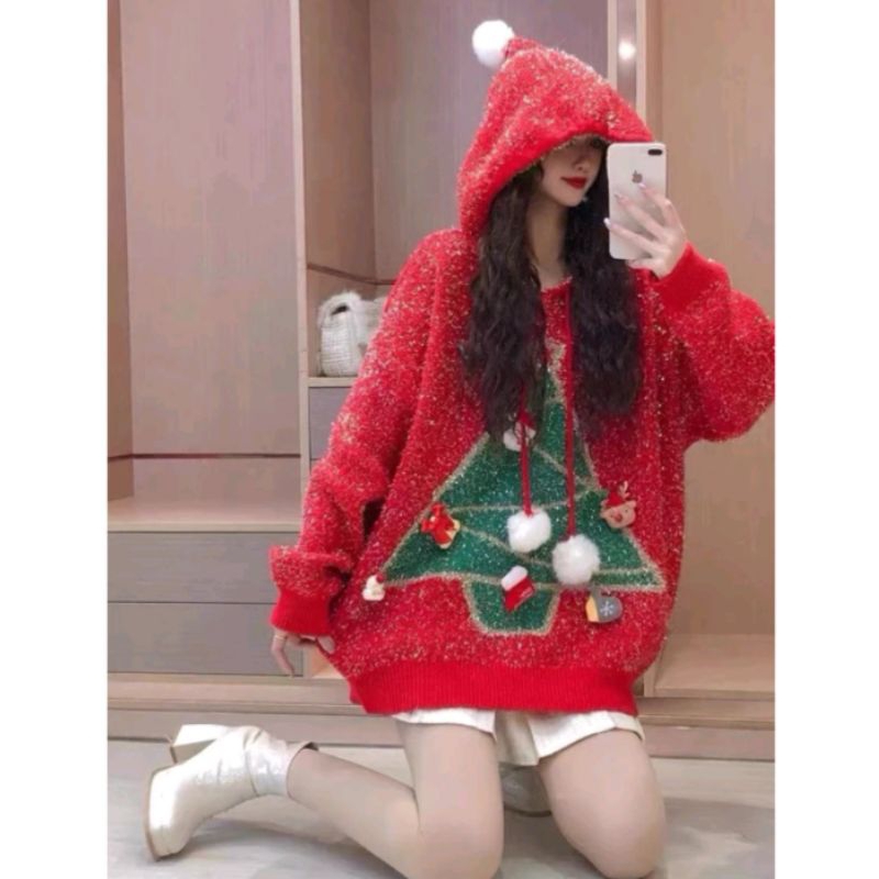 พร้อมส่ง เสื้อไหมพรมแขนยาวมีฮู้ดลายคริสต์มาสขนมิ้งน่ารักสุดๆไหมพรมเนื้อดีหนานุ่ม