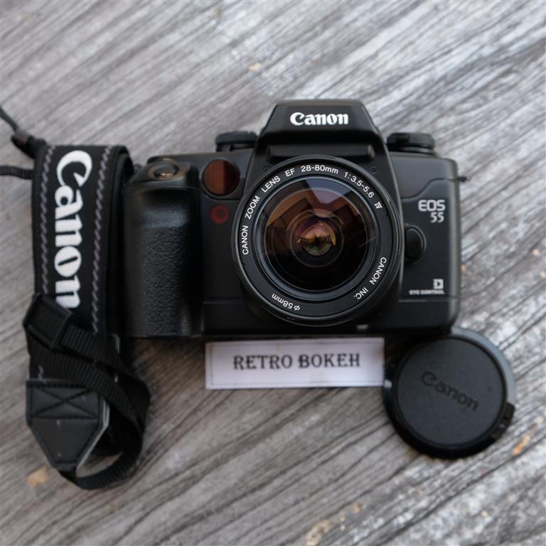 กล้องฟฺิลม์ Canon EOS55 +เลนส์ 28-80mm สภาพดีสวยมาก ระบบ Eye Control ใช้ตาเล็งจุดโฟกัสได้ รองรับเลนส์ปัจจุบัน ใช้งานง่าย