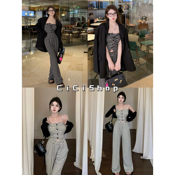 Cicishop(3190)Set 2 ชิ้น เสื้อสายเดี่ยวลายทางกระดุมแต่ง ดีเทลแต่งจ้ำด้านหน้า ตัวสายปรับได้พร้อมกางเก