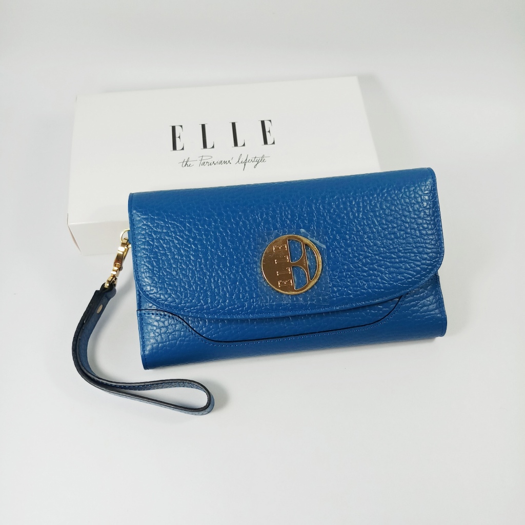 ELLE กระเป๋าสตางค์ผู้หญิงใบยาว สามพับ สีน้ำเงินอมฟ้า หนังลาย โลโก้สีทอง มีสายคล้องมือ ของใหม่ ของแท้100% - รูปที่ 7