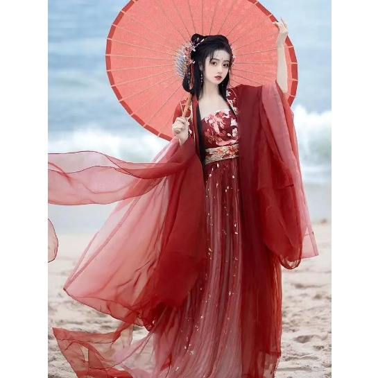 วินเทจ Hanfu Tang ราชวงศ์ปักเสื้อแขนใหญ่ Hezi กระโปรงฤดูใบไม้ผลิฤดูใบไม้ร่วงชุดสีแดง