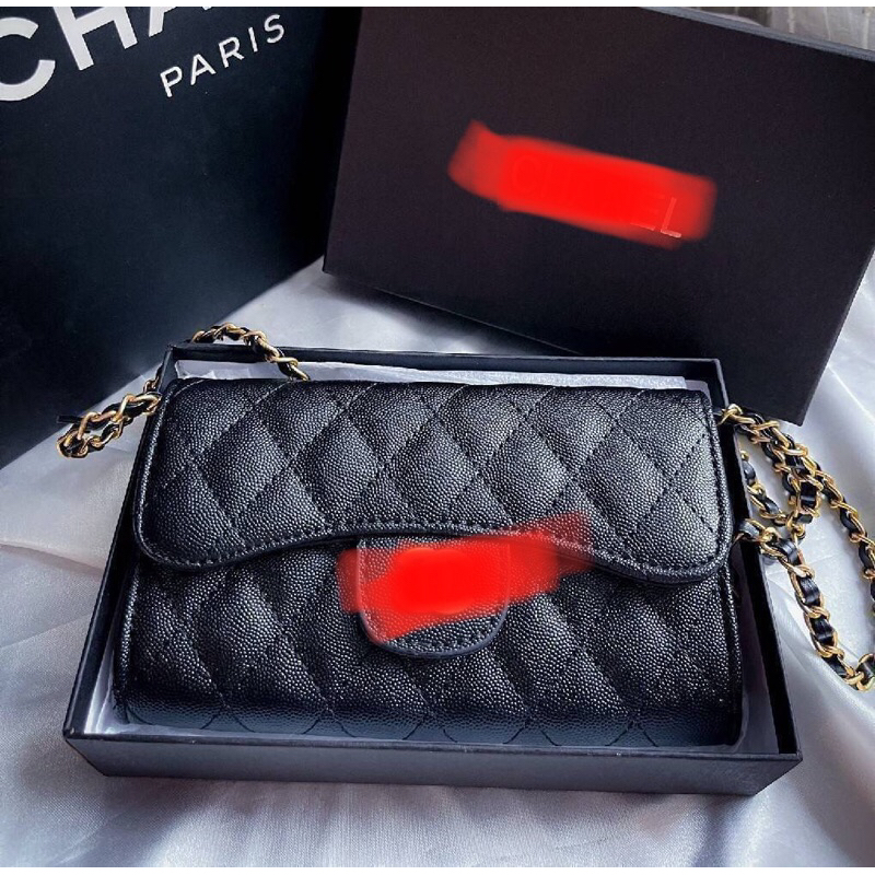 Chanel  flap long wallet with chain กระเป๋าชาแนลทรงกระเป๋าตัง สายสะพายยาวเป็นครอสบอดี้ งานปั้ม หนังคาเวียร์ มาพร้อมกล่อง