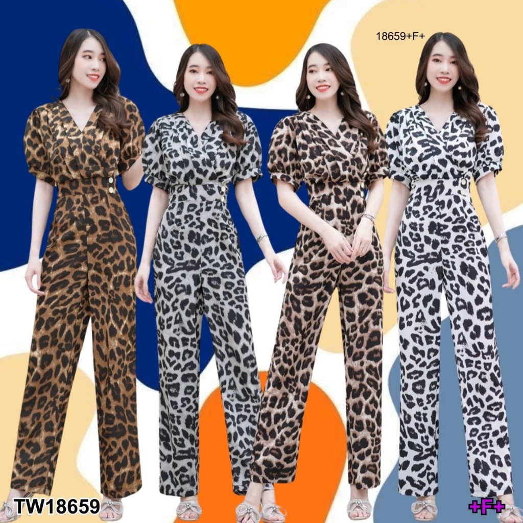 TwinsShopVip💗พร้อมส่ง  TW18659 Jumpsuit t จั้มสูท ขายาว จีบอกลายเสือ