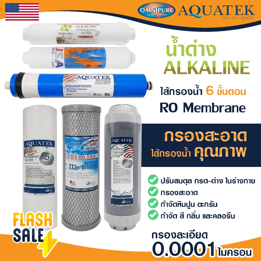 Aquatek ไส้กรองน้ำ RO 5 6 ขั้นตอน USA น้ำแร่ น้ำด่าง 50 75 150 200 GPD PP Carbon Resin Omnipure Mazu