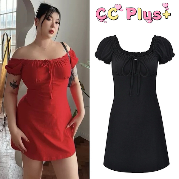 CiCi Plus+(3188)เดรสปาดไหล่ตรงอกเป็นสม๊อกสายสามารถปรับได้สไลต์สาวเผ็ดเหมาะกับสาวพลัสไซส์ ราคาถูก Shopee Lazada