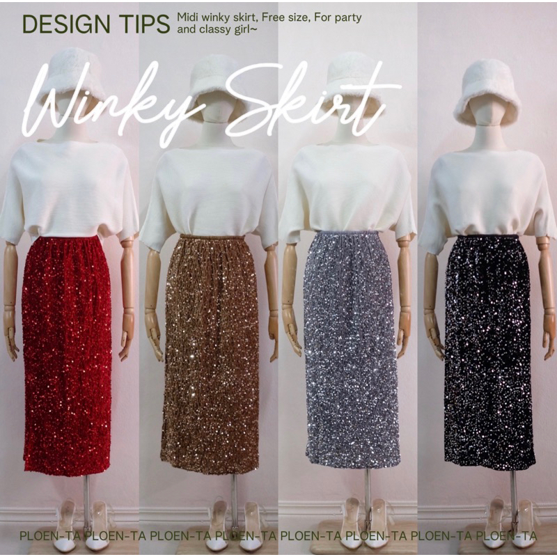 Winky skirt กระโปรงยาวคลุมเข่า เนื้อกำมะหยี่ ดีเทลแต่งเลื่อมทั้งตัว เอวสม็อค มี8สี