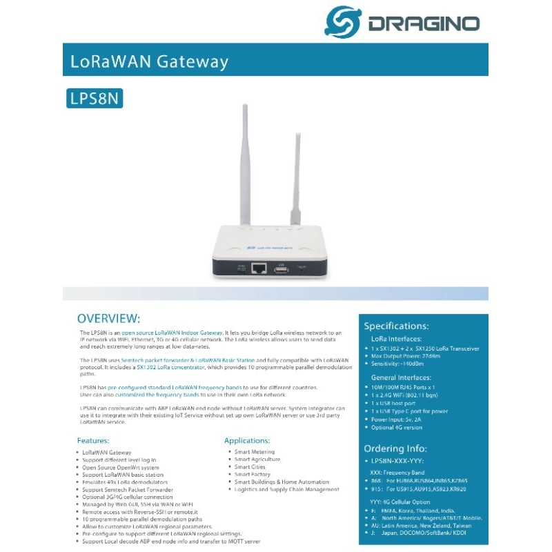 Dragino LoRaWAN Multichannel Gateway LPS8N รุ่น 4G มีของพร้อมส่ง ส่งไวมากๆ