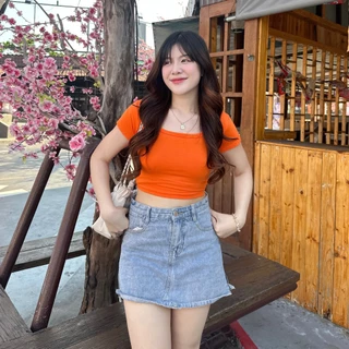 🌈SpinnyHouse🌈เสื้อครอปเบสิคลุค ทรงคอเหลี่ยม ผ้าเรย่อนยืดเยอะ 🌸 ผ้าเย็นใส่สบาย ใส่แล้วพรางหุ่นม้าก รุ่น นิตยา