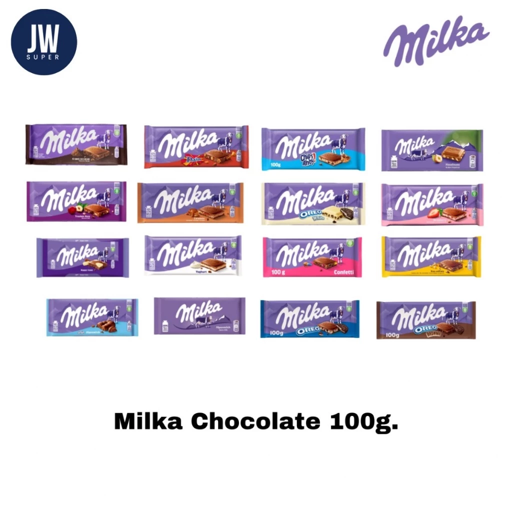 Milka Milk Chocolate มีส่วนผสมของนม Alpen 100% มี 20 รสชาติให้เลือก ขนาด 87-100 กรัม(g.) BBE: 11/2026 - 01/2027
