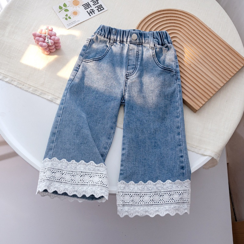 👖พร้อมส่งจากไทย👖กางเกงยีนส์เด็ก กางเกงยีนส์ขายาวเด็กผู้หญิง แต่งลูกไม้ชายกางเกง รูปที่ 8