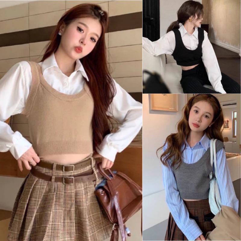 twogak เสื้อเชิ๊ตครอปแขนยาว แต่งกล้ามไหมพรหม พร้อมส่ง