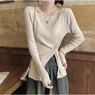 ส่งทันที Cici(NO. X030/18CX65)เสื้อเเขนยาวไหมพรม ผ้าร่อง ดีเทลเเหวกชายเสื้อ แฟชั่นกระดุมติดข้าง สไตล์เกาหลี