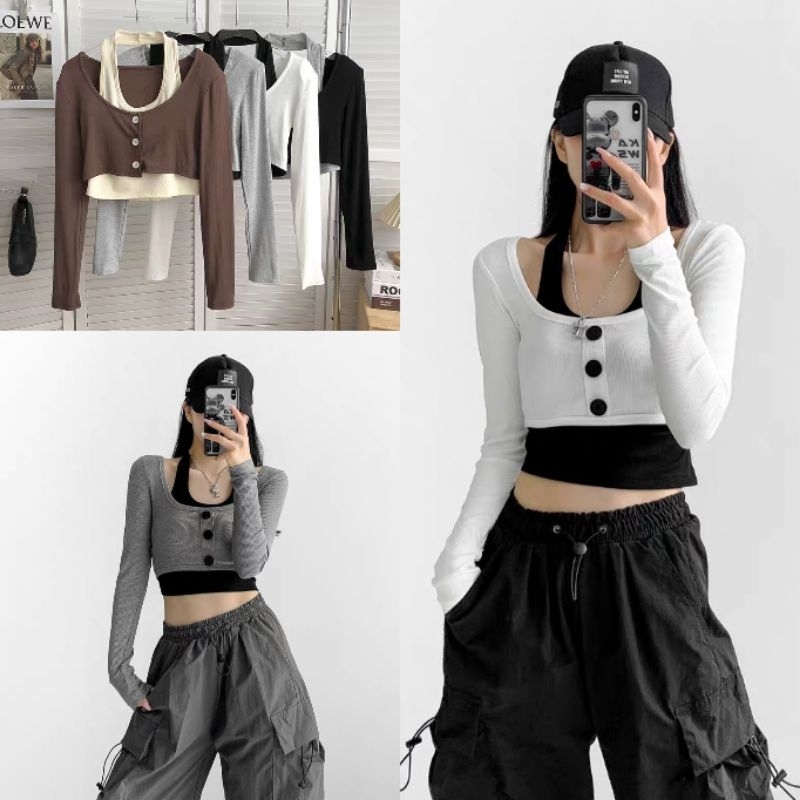 Ey_official#793 BO#ใหม่พร้อมส่งเสื้อยืด2ตัวทูโทนคล้องคอผ้าริบถัก เสื้อแฟชั่นสไตล์Y2K(กระดุมไม่สามารถ