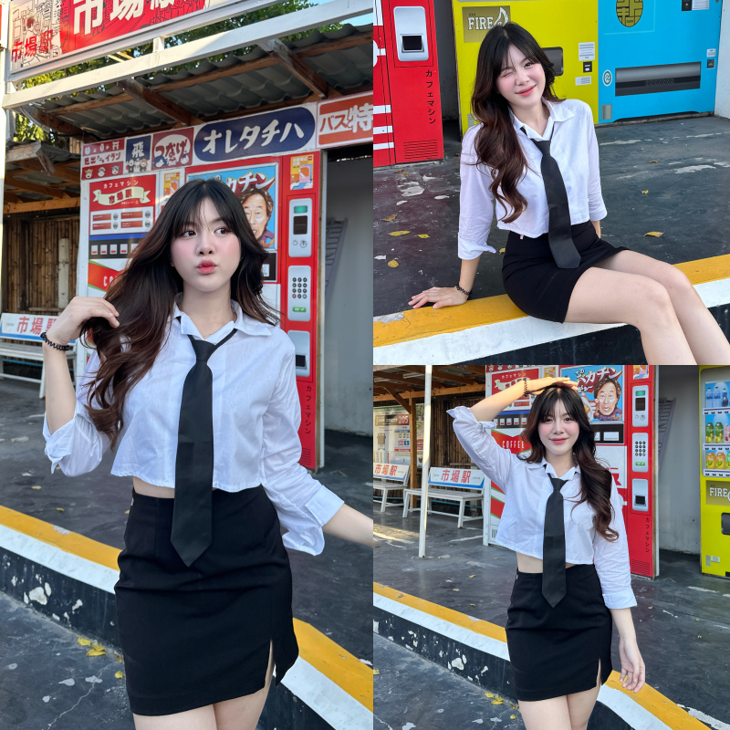 SpinnyHouse ครอปเชิ้ต เบสิคสไตล์สุด ผ้าคอนตอน ทรงคอปกโปโล แขนยาว กระดุมใช้งานได้จริง นางแบบใส่งานจริง รุ่น ครอปเชิ้ต