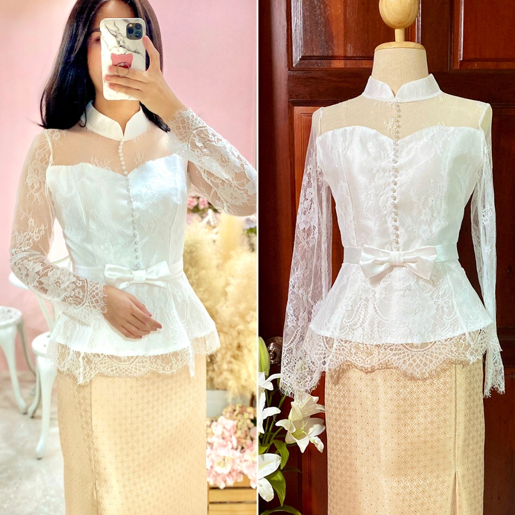S-XXL✨เสื้อลูกไม้เนื้อนิ่มสีขาว แขนยาว คอจีน แต่งกระดุมมุก เสื้อชุดไทย เสื้อใส่กับผ้าถุง