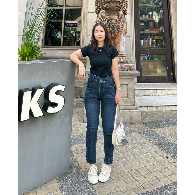 กางเกงยีนส์รหัส L46 ทรงบอยผ้ายืดสีมิดไนน์เอวสูงไชส์S-5xl กางเกงยีนส์พลัสไชส์